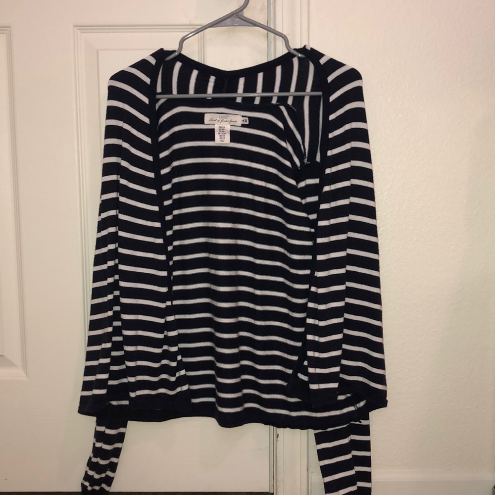 A blue and white striped cardigan.